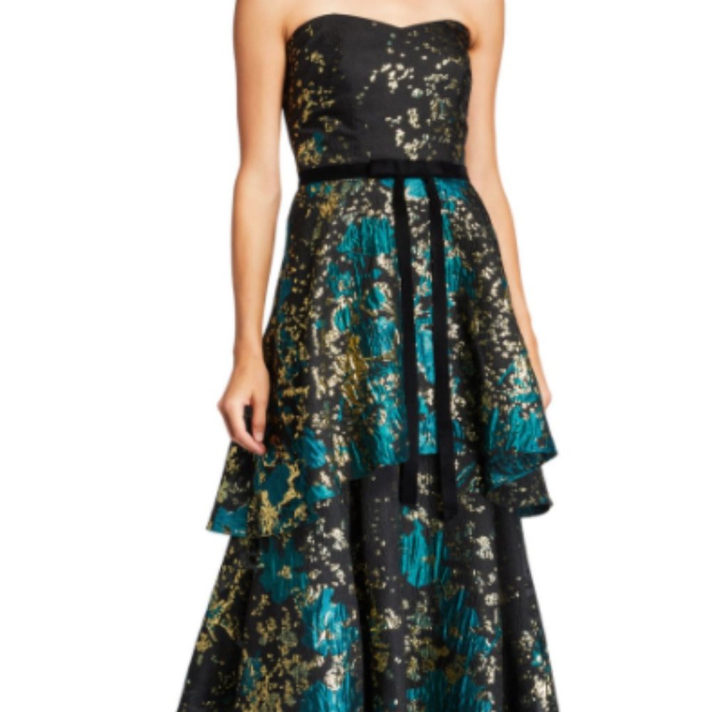 Black, gold, teal strapless dress
